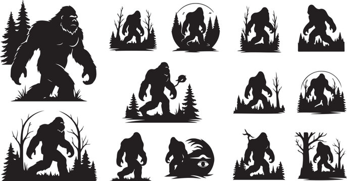 Bigfoot Silhouette Set in Forest Environment Various Poses