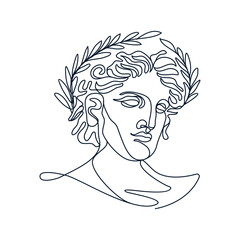 Continuous line, drawing of Greek god head wearing laurel wreath statue minimalist, Ancient Greek Figure Face Head Statue vector illustration for t-shirt, slogan design print graphics style