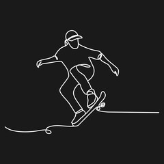 Man playing skateboard continuous one line drawing. Continuous line drawing of a young skateboarder performing tricks in a skate park. outdoor sports and skateboarding practice in a minimalist style. 