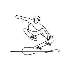 Man playing skateboard continuous one line drawing. Continuous line drawing of a young skateboarder performing tricks in a skate park. outdoor sports and skateboarding practice in a minimalist style. 