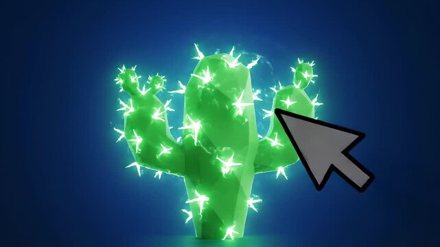 Cacto low poly interactivo con efecto de energ&iacute;a el&eacute;ctrica verde al hacer clic, ideal para marketing de Cinco de Mayo, gamificaci&oacute;n y dise&ntilde;o de interfaz de usuario creativa.