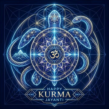 Abstract spiritual artwork with om symbol and kurma turtle for jayanti celebration