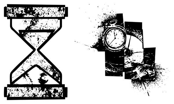 Grunge style hourglass and stopwatch, timekeeping tools, antique timers, aged clock motifs, vector art, distressed texture.