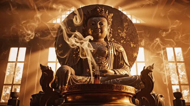 Serene Buddha Statue in Temple with Incense Smoke and Light.