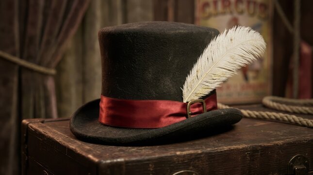 Vintage Top Hat with Feather Decoration Top Hat Vintage Feather Circus Black Hat Red Ribbon Antique. Concept featuring top hat, vintage, feather, circus, black hat for professional commercial design.