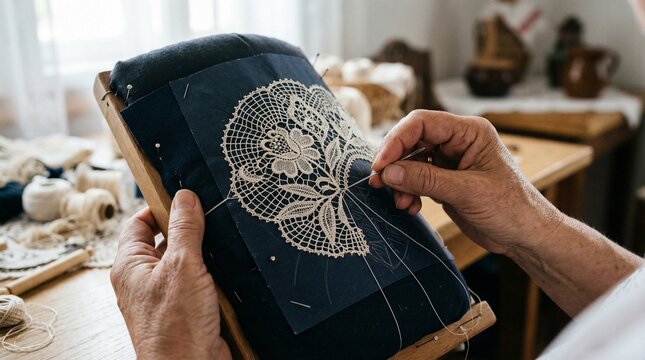Close-up of hands crafting traditional bobbin lace