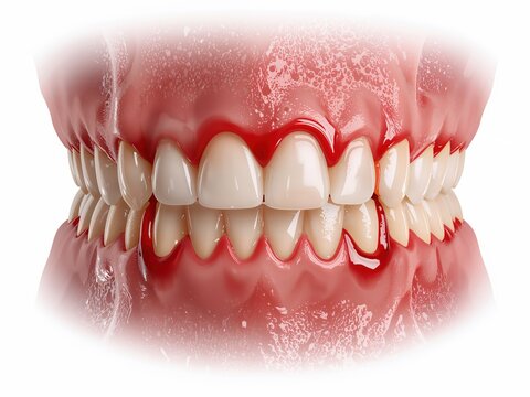 Teeth with red swollen gums and bleeding indicating gum disease and dental issues suitable for dentistry awareness visuals
