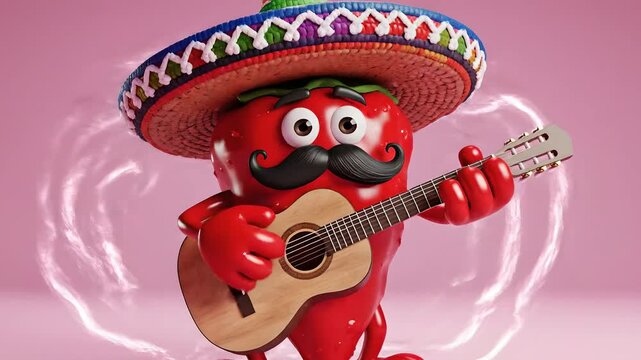 Chile picante animado tocando la guitarra con sombrero y bigote, celebraci&oacute;n festiva del Cinco de Mayo, personaje 3D divertido sobre fondo rosa, concepto de fiesta mexicana.