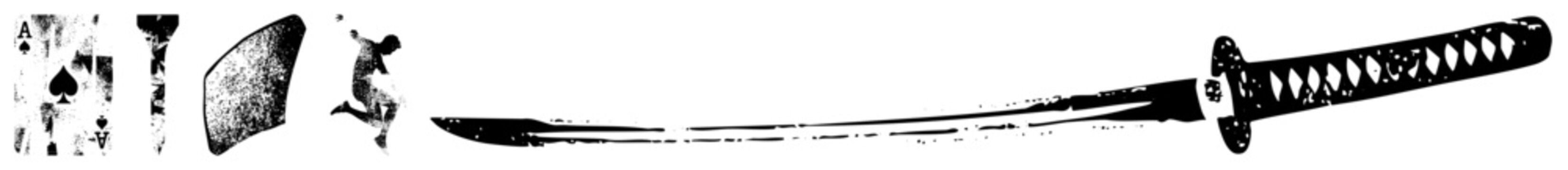 Traditional katana blade with tsuba guard, stylized fighter leaping, ace of spades card, graphic vector, isolated symbols.