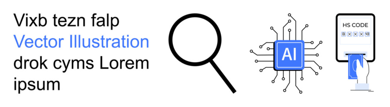 Data search, artificial intelligence, import-export processes, technology usage, machine learning, hs code systems. Magnifying glass, AI chip and hs code paper visuals. Data search and artificial