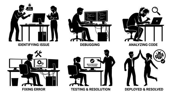 Software developer debugging process icons, programmer fixing code error silhouettes, set of 6 web development workflow vector illustrations
