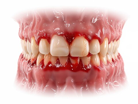 Close up of teeth with bleeding gums showing gum disease inflammation and poor oral hygiene ideal for dental awareness and healthcare campaigns
