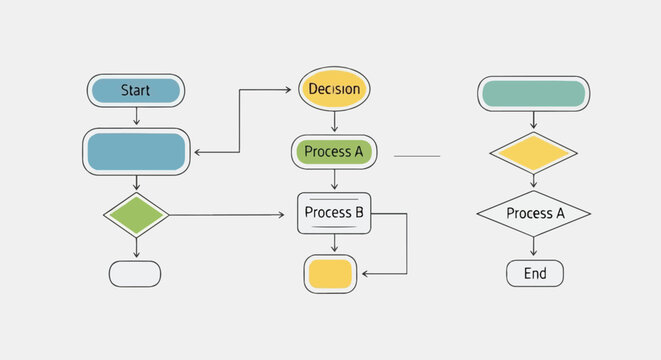 A complex flowchart with various processes and decision points