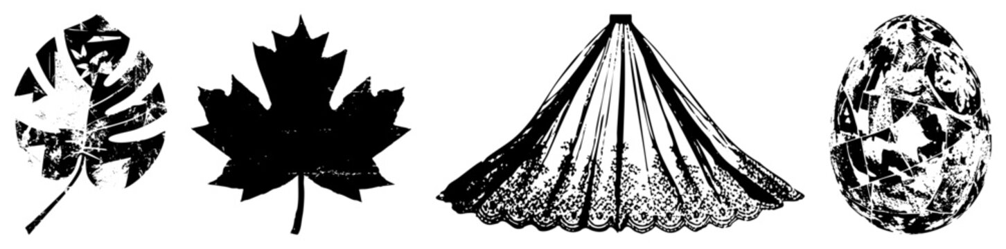 Four vector leaf, maple leaf, lace veil, cracked egg all in distressed grunge style, isolated on transparent background, ideal for graphic design.