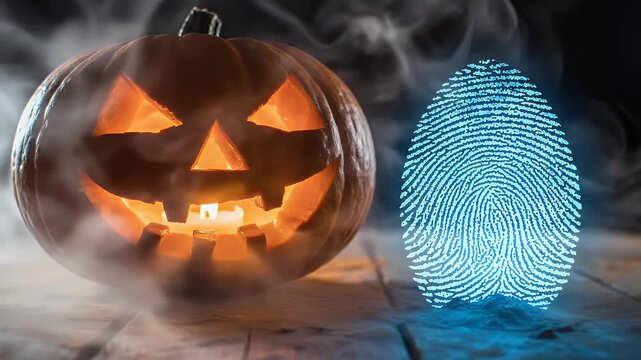 A glowing jack-o'-lantern sits beside a digitally rendered fingerprint, enveloped in smoky haze.