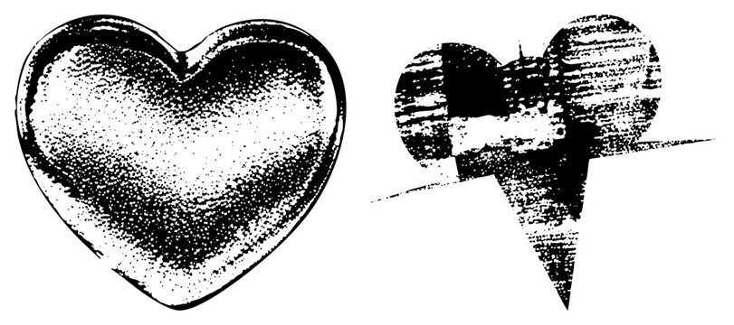 Two stylized heart rendered in halftone dot, one smooth gradient, one distressed texture, graphic design elements, isolated vector graphics.