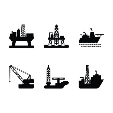 Offshore drilling platform icons pack, jack up rig, semisubmersible, supply ship, crane barge, ocean energy expo, industry silhouette vector