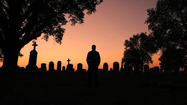 Silhouette of a person standing in a cemetery at sunset