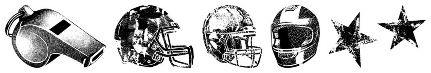 Obraz premium Black and white halftone whistle, American football helmets, five point stars, sports gear, isolated vector symbols, athletic equipment, game day.
