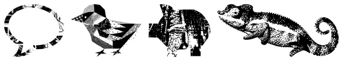 Obraz premium Graphic vector illustrations of animal forms using fragmented halftone, geometric shapes, and high contrast black and white design. Includes bird, chameleon, and abstract creature motifs.