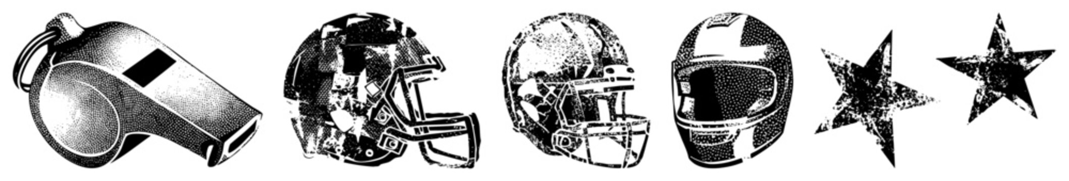 Black and white halftone whistle, American football helmets, five point stars, sports gear, isolated vector symbols, athletic equipment, game day.