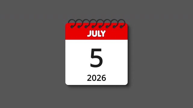 Monthly calendar animation with spiral ring coil binding, tear-off effect and realistic shadow for July 2026, perfect for time, schedule, event, and planning themes, transparent alpha channel BG