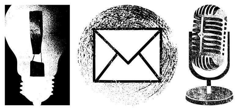 Classic communication symbols rendered in halftone texture lightbulb for ideas, envelope for mail, microphone for isolated vector with gritty aesthetic.