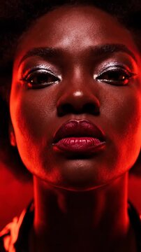 Woman in red lighting stands facing camera with strong expression creating a bold dramatic portrait for fashion music and edgy editorial visualswoman