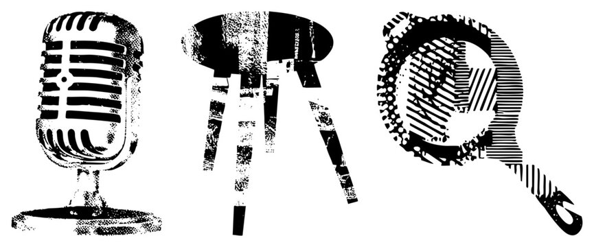 Retro microphone with grille, distressed stool, magnifying glass with textured lens, all in halftone style, isolated vector for design projects.