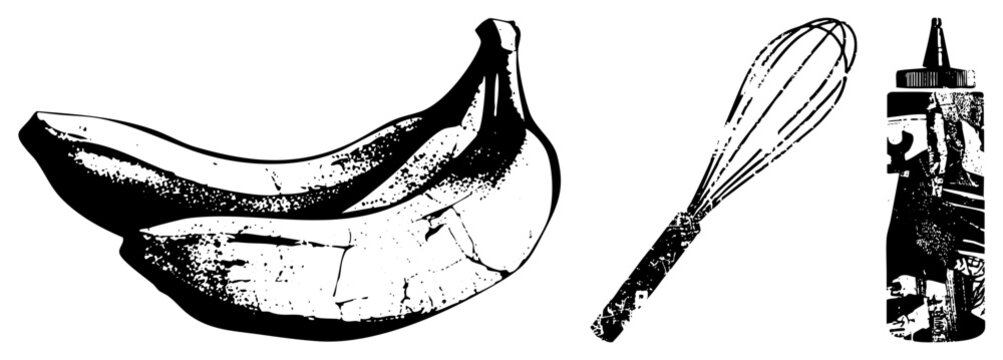 Vector graphic of banana, whisk, and squeeze bottle in halftone style, kitchen utensils, cooking tools, food prep, design.