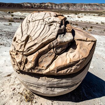 Large, weathered sandstone concretion in a desert landscape, showcasing unique geological formations and textures under natural light.