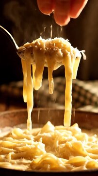 Hand serves pasta with creamy sauce from a bowl creating a comforting food scene for домашняя кухня restaurant menus and indulgent meal visualspasta