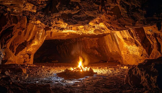 Campfire burning brightly inside a dark, rocky cave, illuminating the rough stone walls with a warm, orange glow.