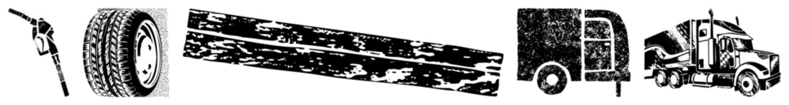 Black and white vector showing fuel nozzle, tire tread, weathered log, truck cab, and truck. Highway transport, logistics, cargo, automotive, freight symbols.