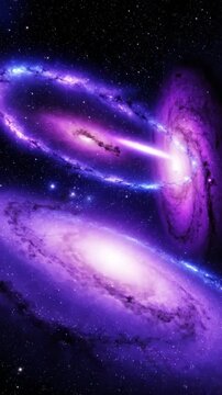 Twin purple galaxies spin in deep space with glowing dust and swirling motion creating a grand astronomy and sci fi backgroundtwin galaxies