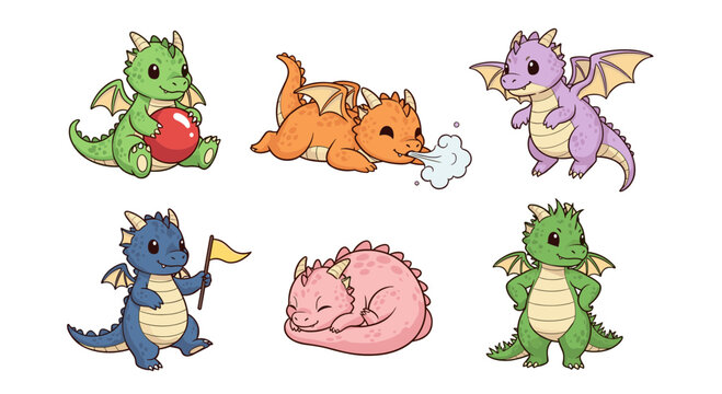 Cute Little Baby Dragon Character Set, Fantasy Mythical Creature in Various Poses, Green Blue Orange Pink Dragon Flying and Sleeping Illustration