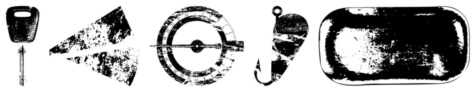 Vintage style key, fractured triangle, compass rose, fishing lure, and rectangular tin all rendered in gritty with distressed textures and isolated foreground elements.