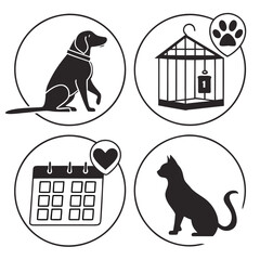 A set of four black and white vector icons featuring a dog, birdcage, calendar, and cat, all with a minimalist design style. © David