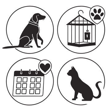 A set of four black and white vector icons featuring a dog, birdcage, calendar, and cat, all with a minimalist design style.