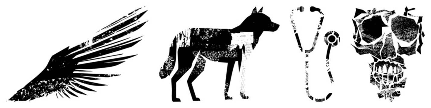 Distressed black vector raven wing, wolf, stethoscope, skull. Grunge texture,, symbolic, medical, animal, death motifs, graphic design elements.