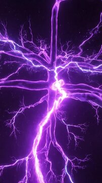 Purple branching neural lightning spreads across dark space creating an energetic abstract background for brain signals electricity and future techneural lightning