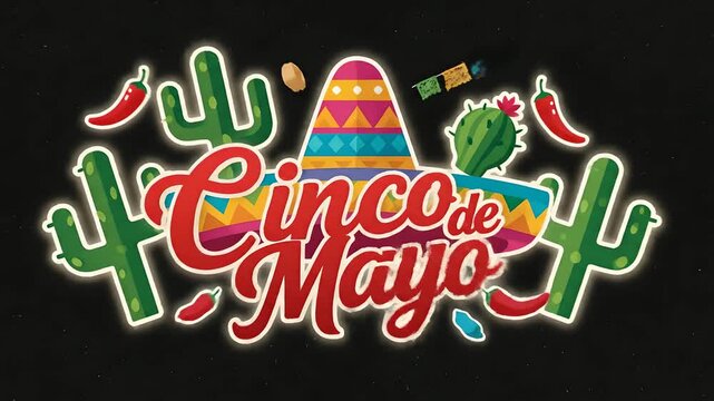 Animaci&oacute;n festiva de Cinco de Mayo con texto din&aacute;mico, sombreros, cactus y chiles en un t&uacute;nel colorido. Ideal para publicidad de eventos mexicanos, redes sociales y promociones.