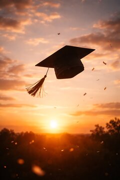 Graduation cap tossed in the air against a vibrant sunset, symbolizing achievement and new beginnings.