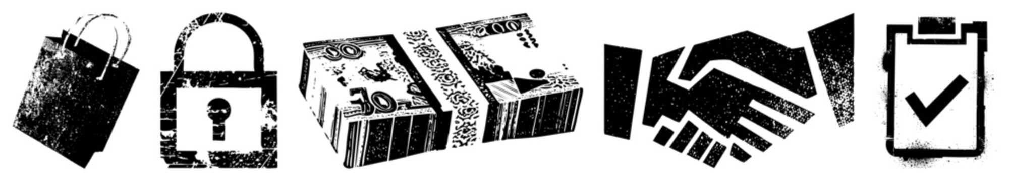 Black and white distressed symbolizing shopping, security, money, handshake, and checkmark ideal for financial or business themes.