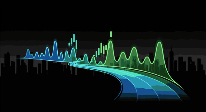 Abstract road with colorful waveforms, city skyline silhouette, and candlestick charts
