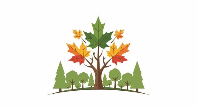 Stylized trees with colorful maple leaves in a semi-circle shape