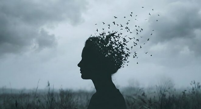 Conceptual Surreal Silhouette of a Woman Profile Dissolving Into Flying Birds Against A Moody Stormy Sky Representing Mental Health Freedom Anxiety And Personal