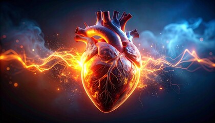 Fototapeta premium Anatomically accurate human heart glowing with fiery electrical pulses, dark blurred background emphasizing cardiac energy and function.