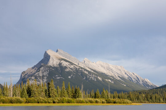 Serene Mountain Lake With Pine Forest and Rugged Peaks Under Sof