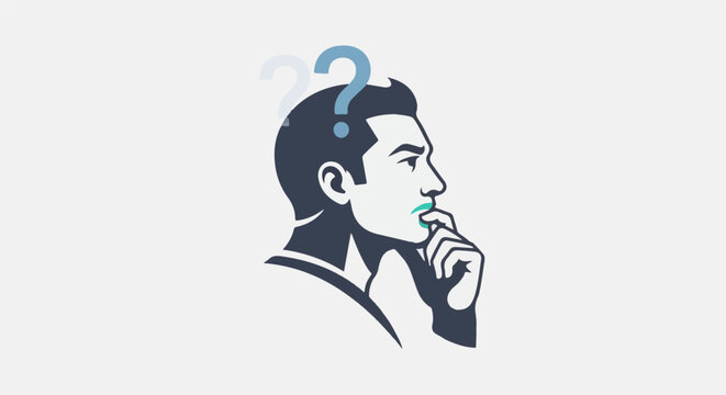 A stylized profile of a man pondering with question marks above his head
